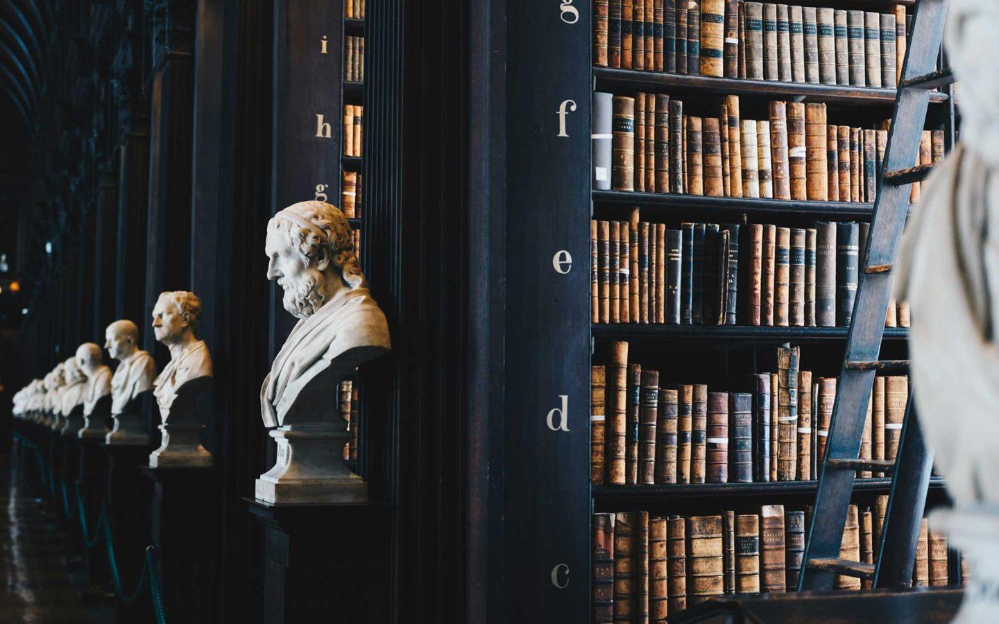 black library shelves filled with books and white bust statues in front of them